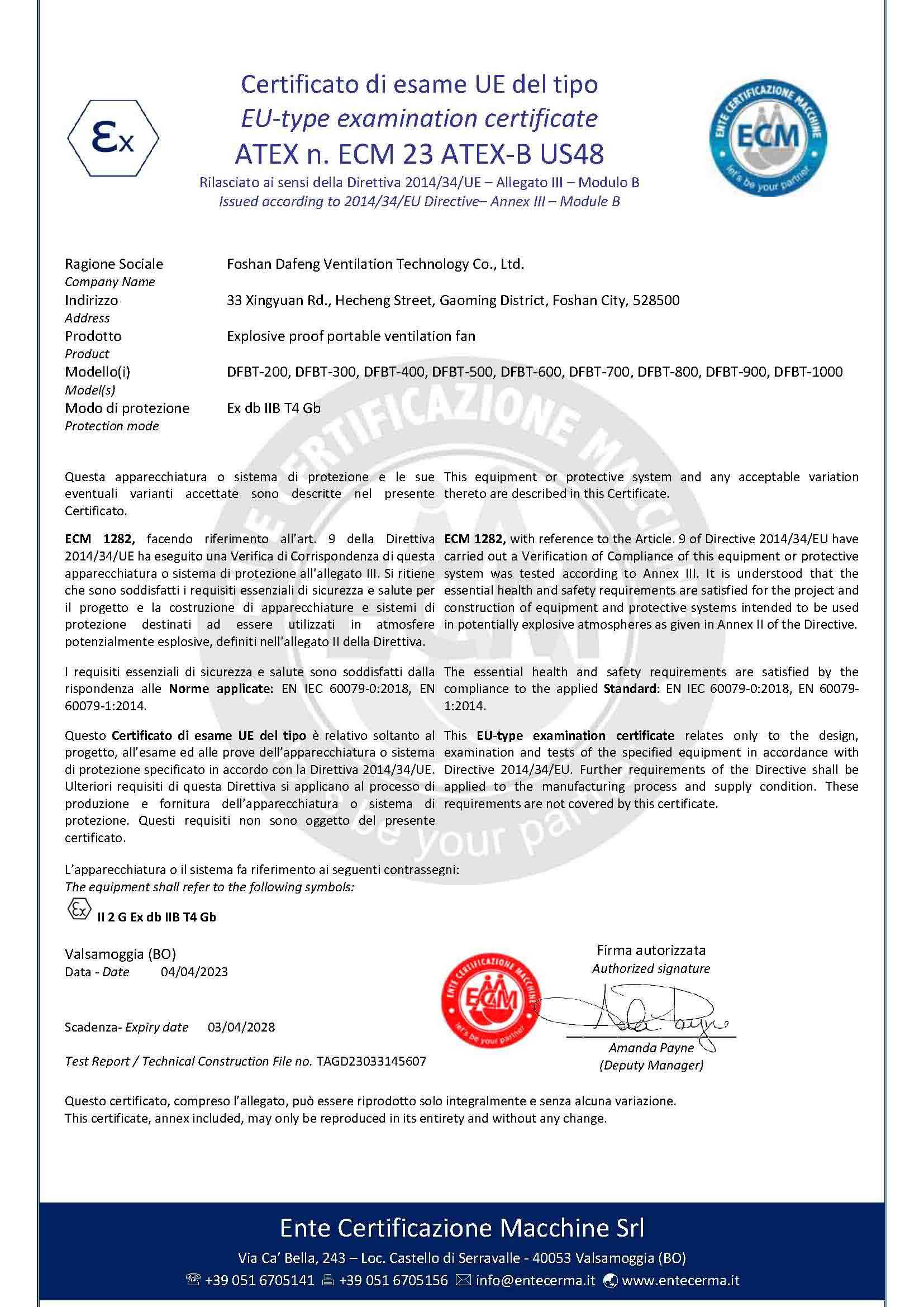 ATEX Certificates of Portable Blower